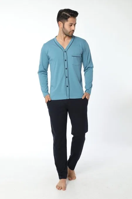 Düğmeli Uzun Kollu Pijama Takımı Mavi-Lacivert Öztaş 12035 - Mavi-Lacivert