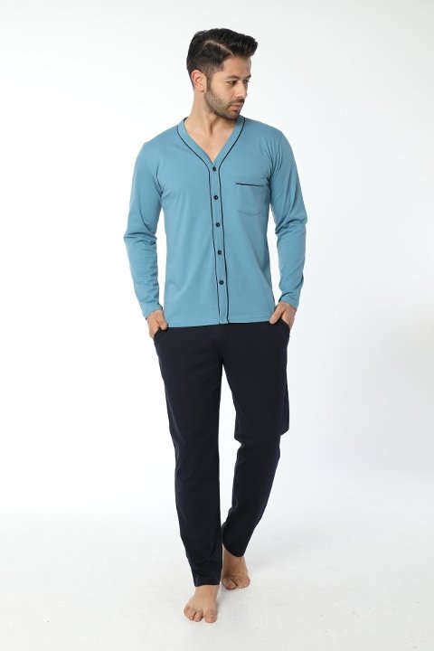 Düğmeli Uzun Kollu Pijama Takımı Mavi-Lacivert Öztaş 12035 - Mavi-Lacivert