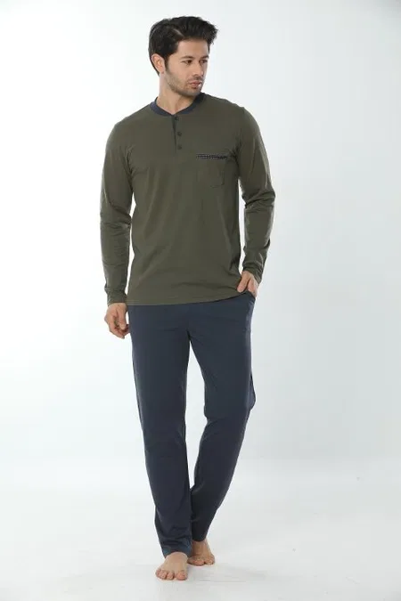 Uzun Kollu Pamuklu Pijama Takımı Öztaş 12003 - Yeşil-Lacivert