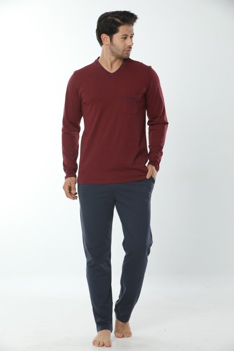 Uzun Kollu V Yaka Erkek Pijama Takımı Bordo-Lacivert Öztaş 12006