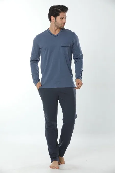 Uzun Kollu V Yaka Pijama Takımı İndigo Öztaş 12007 - İndigo