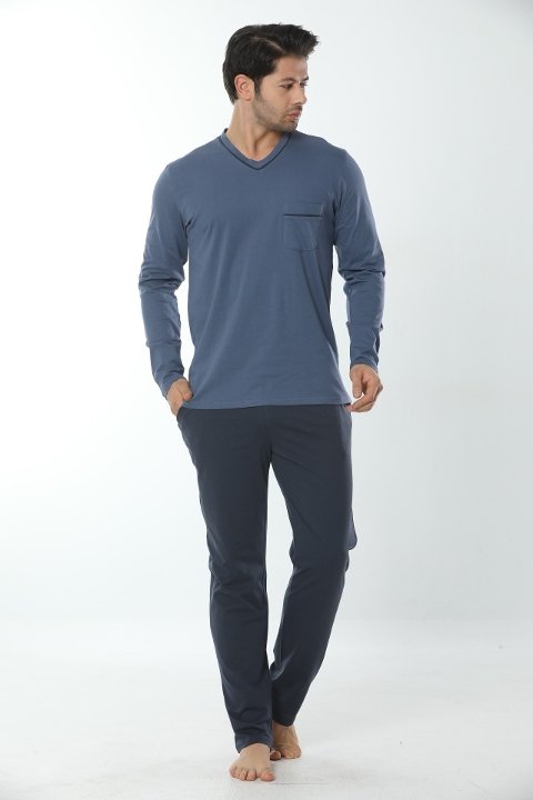 Uzun Kollu V Yaka Pijama Takımı İndigo Öztaş 12007