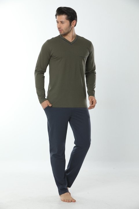Uzun Kollu V Yaka Pamuklu Pijama Takımı Öztaş 12008 - Yeşil-Lacivert