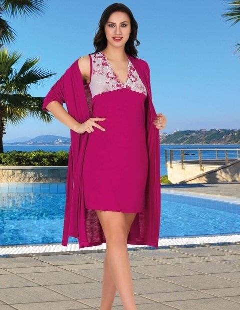 Fuşya Pamuklu Uzun Gecelik Sabahlık Takım Lady 549