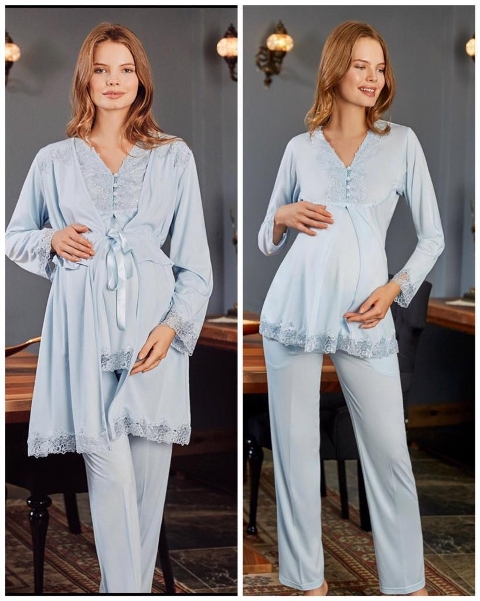 Bone Club Hamile Lohusa 3 Lü Pijama Sabahlık Takım Bone Club 5104 - Görsel 3