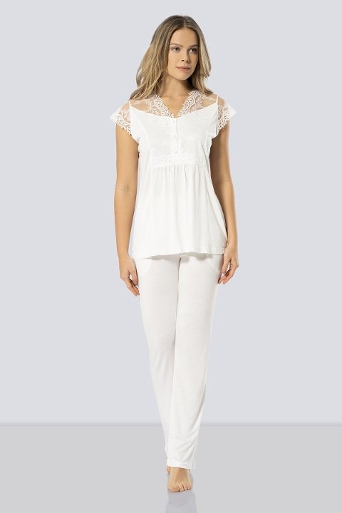 Esnek Bel ve Emzirme Açıklığı Hamile Pijama Takımı Türen 3294 - Krem