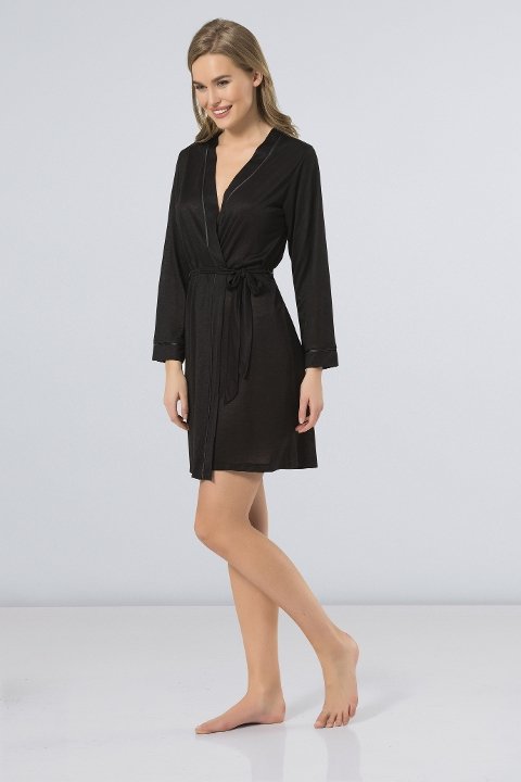 Kısa Bantlı Pamuklu Sabahlık Türen 3164 - Siyah