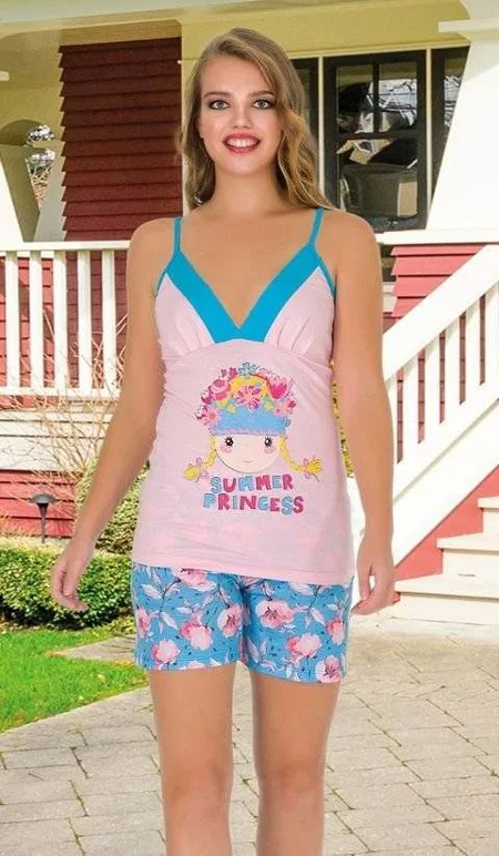 Lady Çiçekli Pamuklu İnce Askılı Şortlu Pijama Takımı Lady 7652