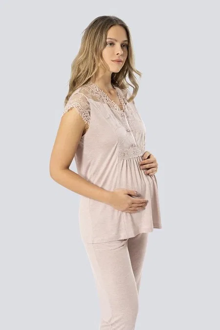 Esnek Bel Bandı Emzirme Açıklığı Hamile Pijama Takımı Türen 3294 - Pudra