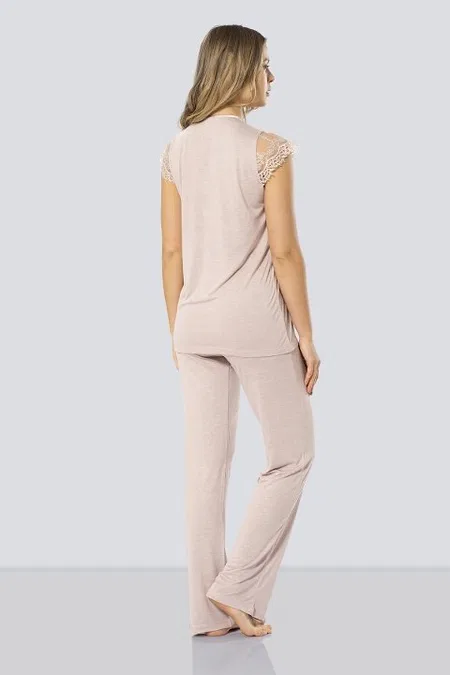 Esnek Bel Bandı Emzirme Açıklığı Hamile Pijama Takımı Türen 3294 - Pudra
