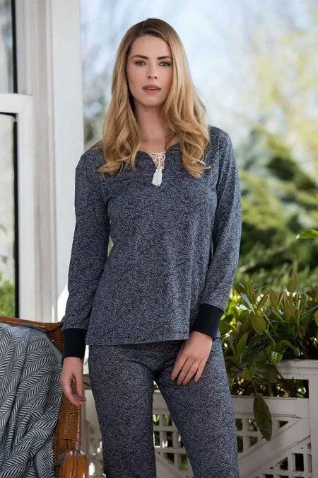 Yeni İnci Mavi Çiçek Desenli Viskon Kadın Pijama Takımı Yeni İnci 1644
