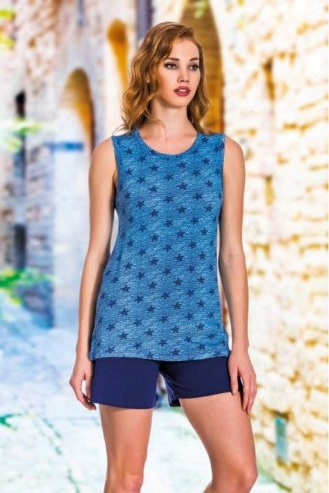 Mavi Yıldız Desenli Kalın Askılı Tunik Şort Takımı Lady 7386