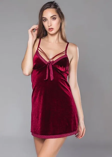 Kadife Dokulu Fantazi Bordo Gecelik Moonlight 288