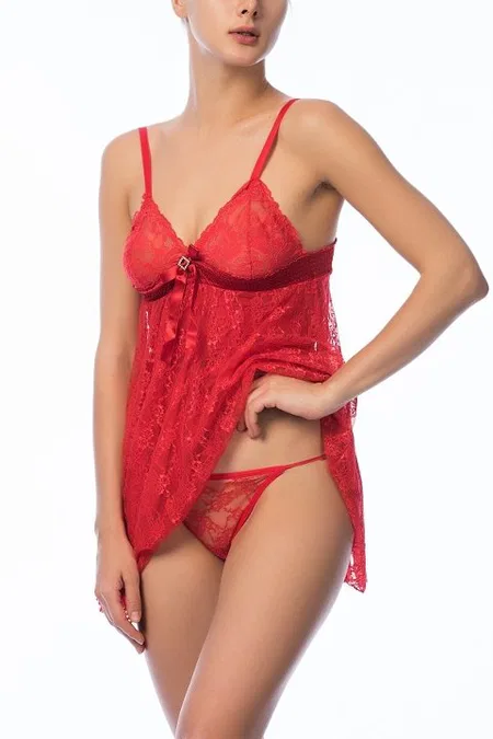 Saten Dantel Kısa Gecelik NBB 3963 - Kırmızı