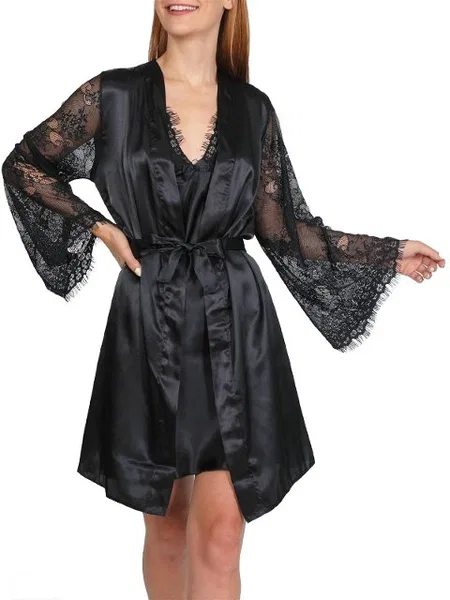 Saten Dantel Detaylı Gecelik Sabahlık Takım NBB 3304 - Siyah