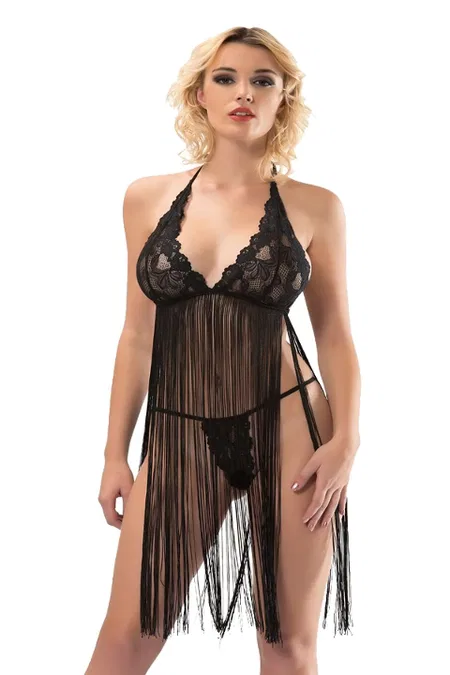 Şifon Dantelli Kısa Erotik Gecelik Sistina 225 - Siyah