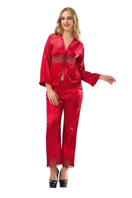 Kırmızı Saten Pijama Takımı Hafif Kesim Sistina 1601 - Kırmızı