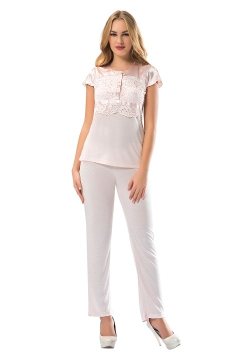Pudra Saten Kaplı Şortlu Pijama Takımı Sistina 1607 - Pudra