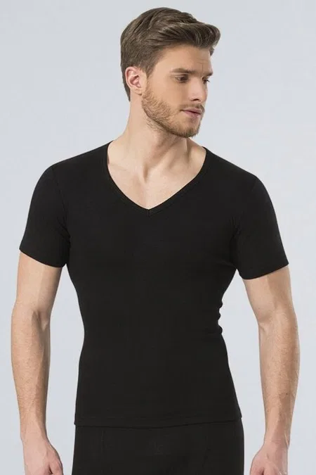 Termal İç Yüzey Fırçalı V Yaka Kısa Kol T-shirt Türen 191 - Siyah