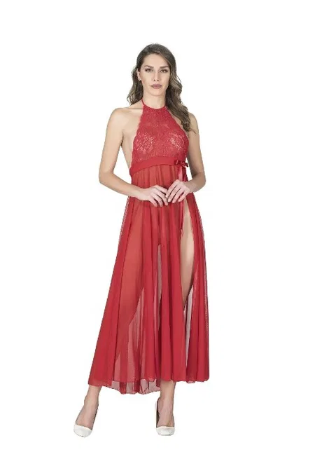 Uzun Yırtmaçlı Kırmızı Dantel Gecelik Sistina 057