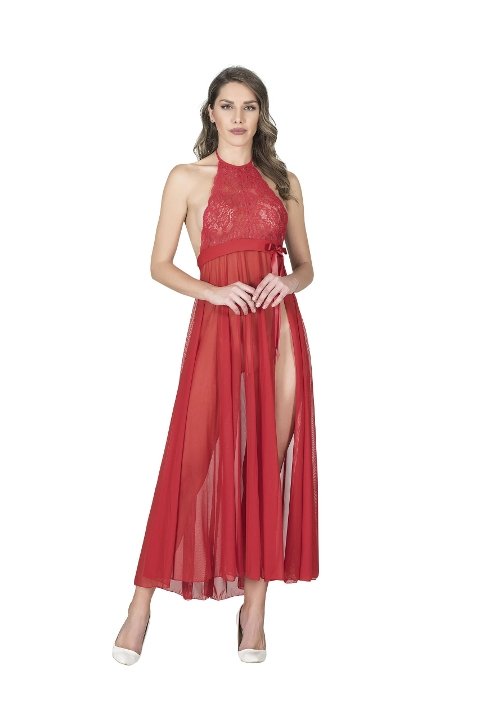 Uzun Yırtmaçlı Kırmızı Dantel Gecelik Sistina 057