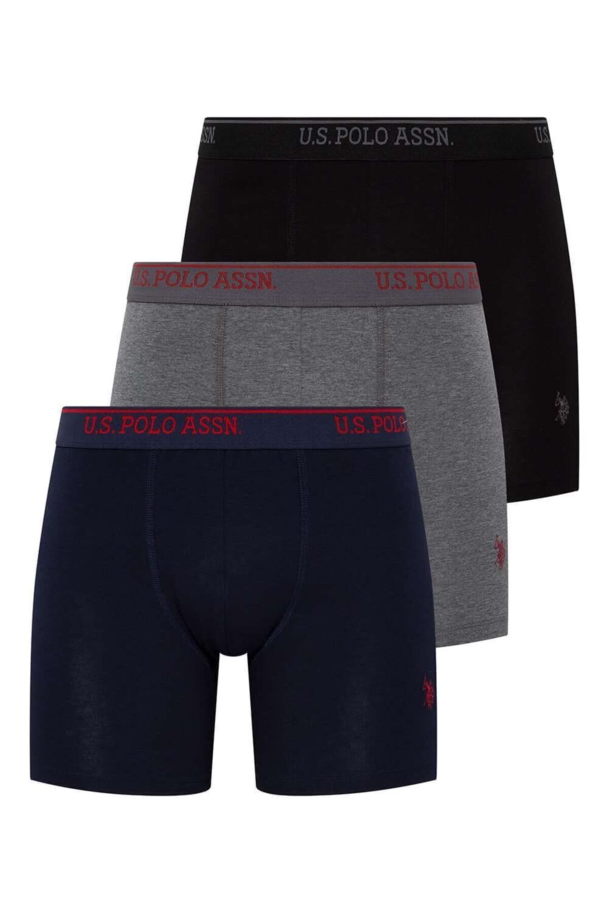 Pamuklu Esnek Bel Lastiği 3 Lü Uzun Paçalı Boxer U.S. Polo Assn. 80454 - Gri-Lacivert-Kırmızı