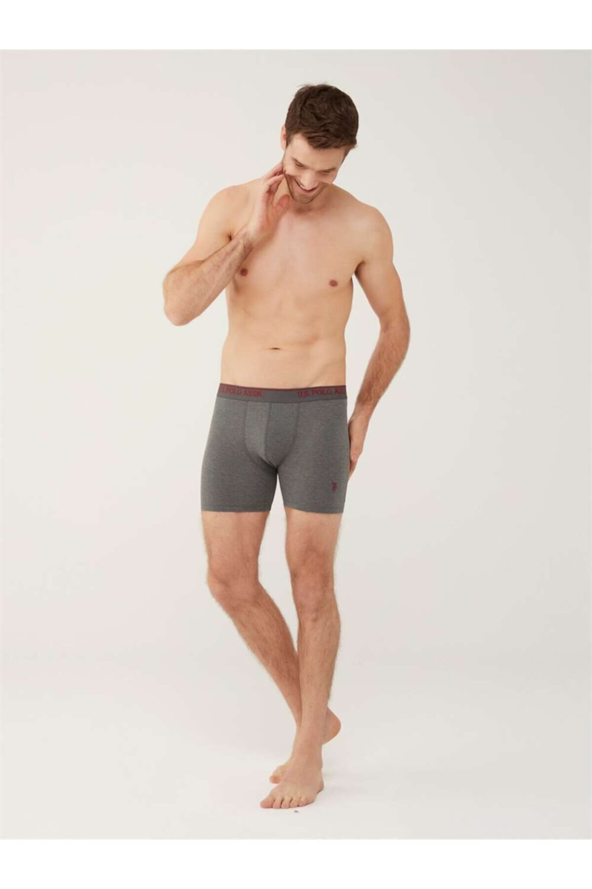 Pamuklu Esnek Bel Lastiği 3 Lü Uzun Paçalı Boxer U.S. Polo Assn. 80454 - Gri-Lacivert-Kırmızı