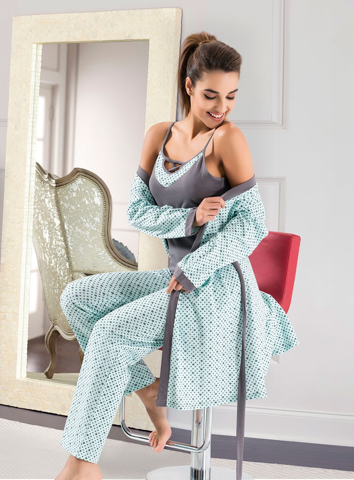 Kuşaklı Pamuklu 3lü Gecelik Sabahlık Takım Derya 1041 - Mint Yeşili