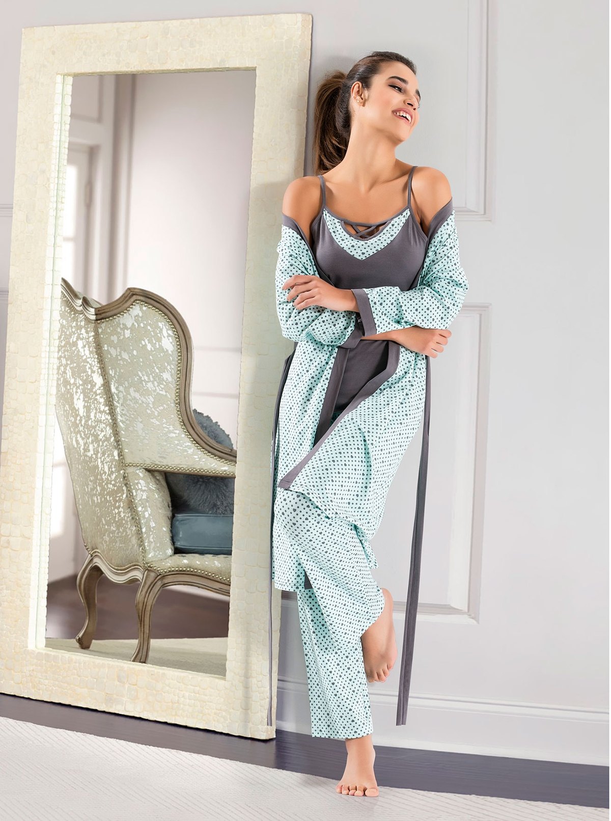 Kuşaklı Pamuklu 3lü Gecelik Sabahlık Takım Derya 1041 - Mint Yeşili