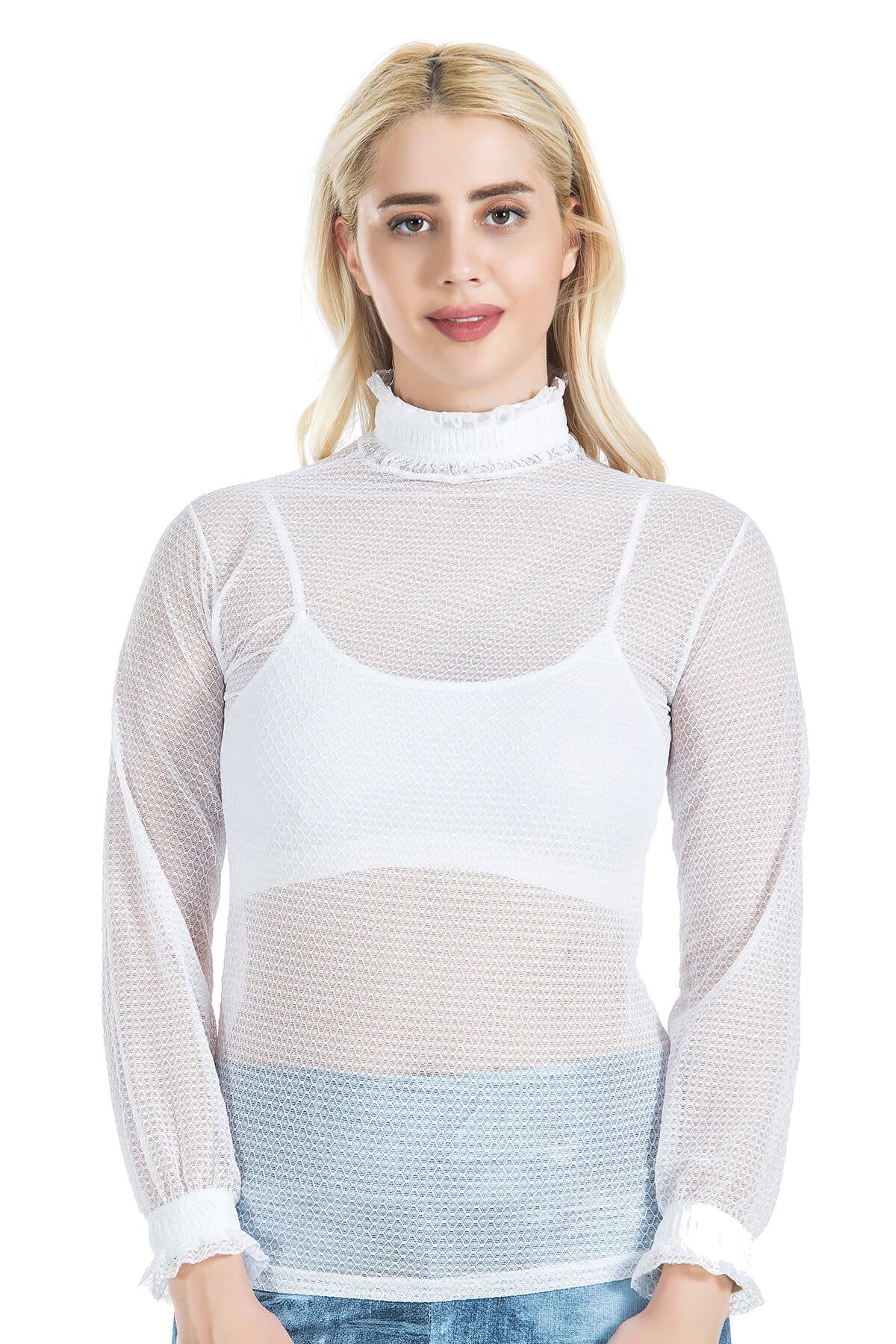 Balıkçı Yaka File Transparan Detaylı Body Derya Kurşun 146 - Beyaz