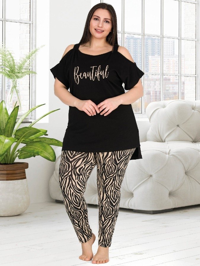 Büyük Beden Omuz Dekolte Tayt ve Tunik Takım Lady 10758 - Siyah