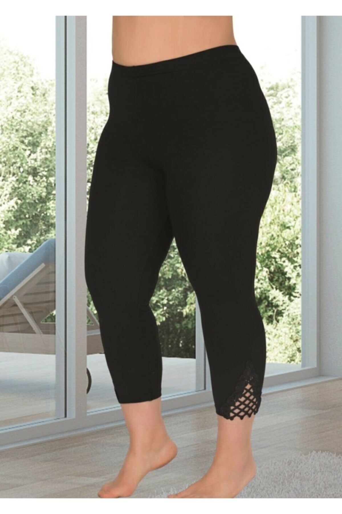 Lady Büyük Beden Siyah Yüksek Bel Dantel Detay Tayt Lady 1116