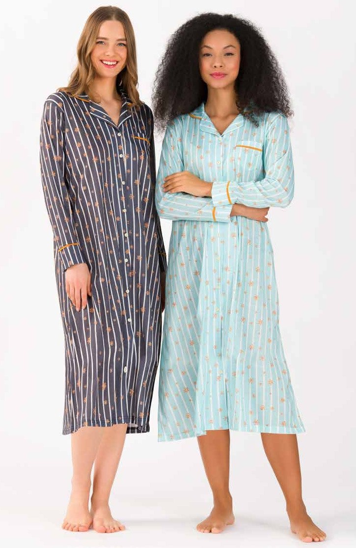 Yeni İnci Çizgili Pamuklu Uzun Kollu Kadın Gecelik Yeni İnci 1747