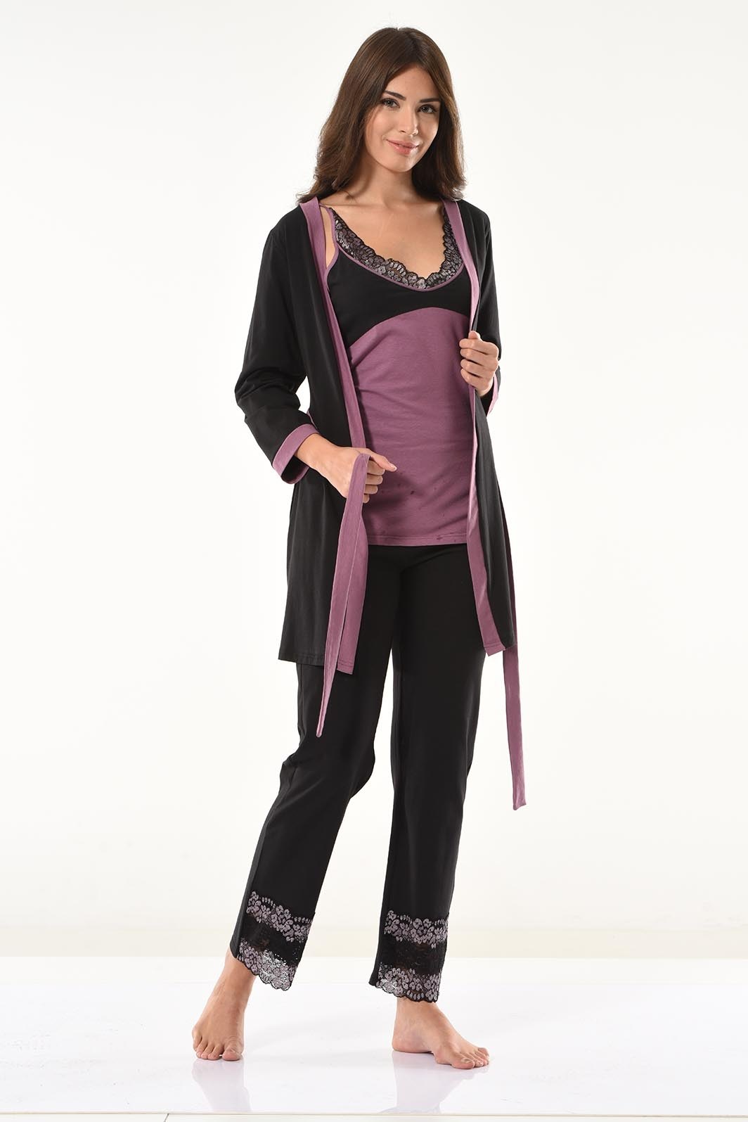 Dantel Detaylı Uzun Sabahlık Derya 1043 - Siyah