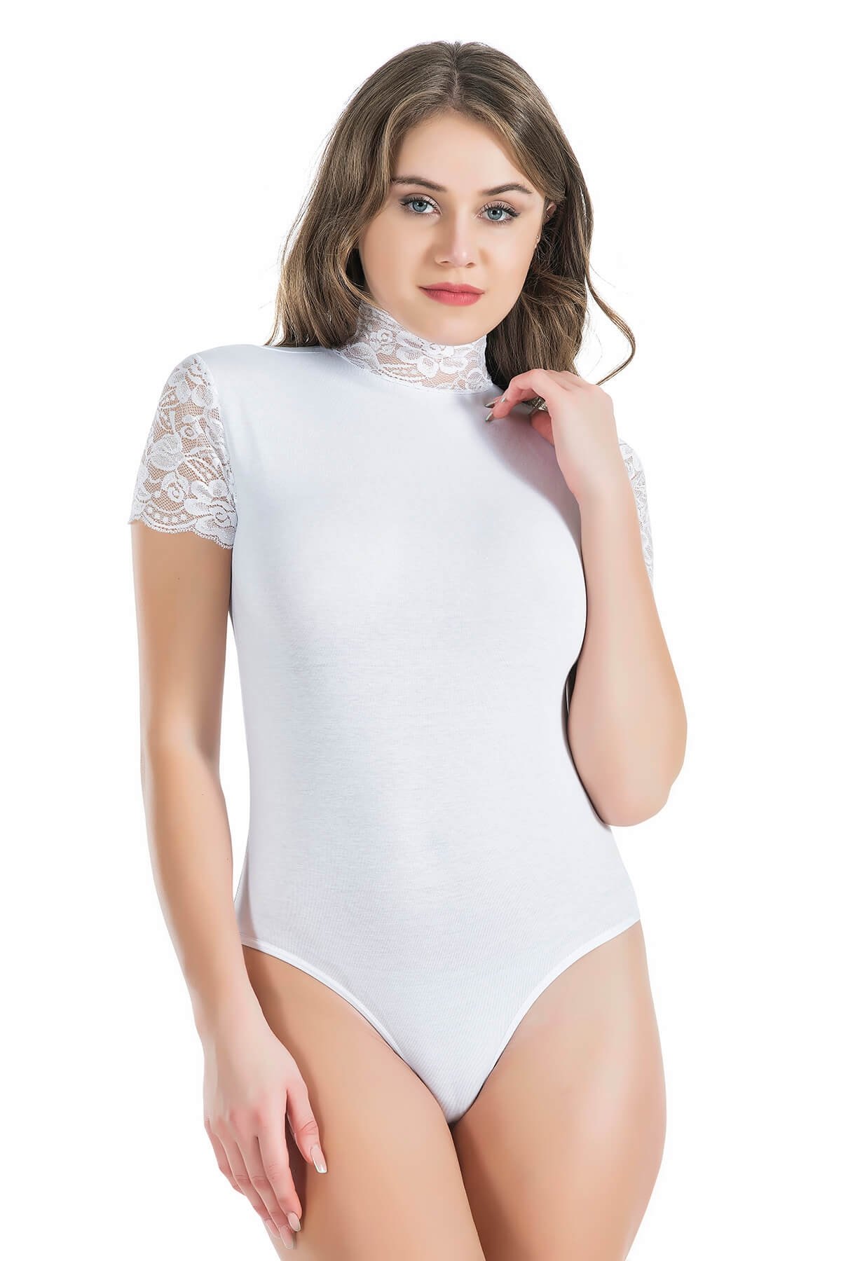 Dantel Detaylı Balıkçı Yaka Body Derya 330 - Beyaz