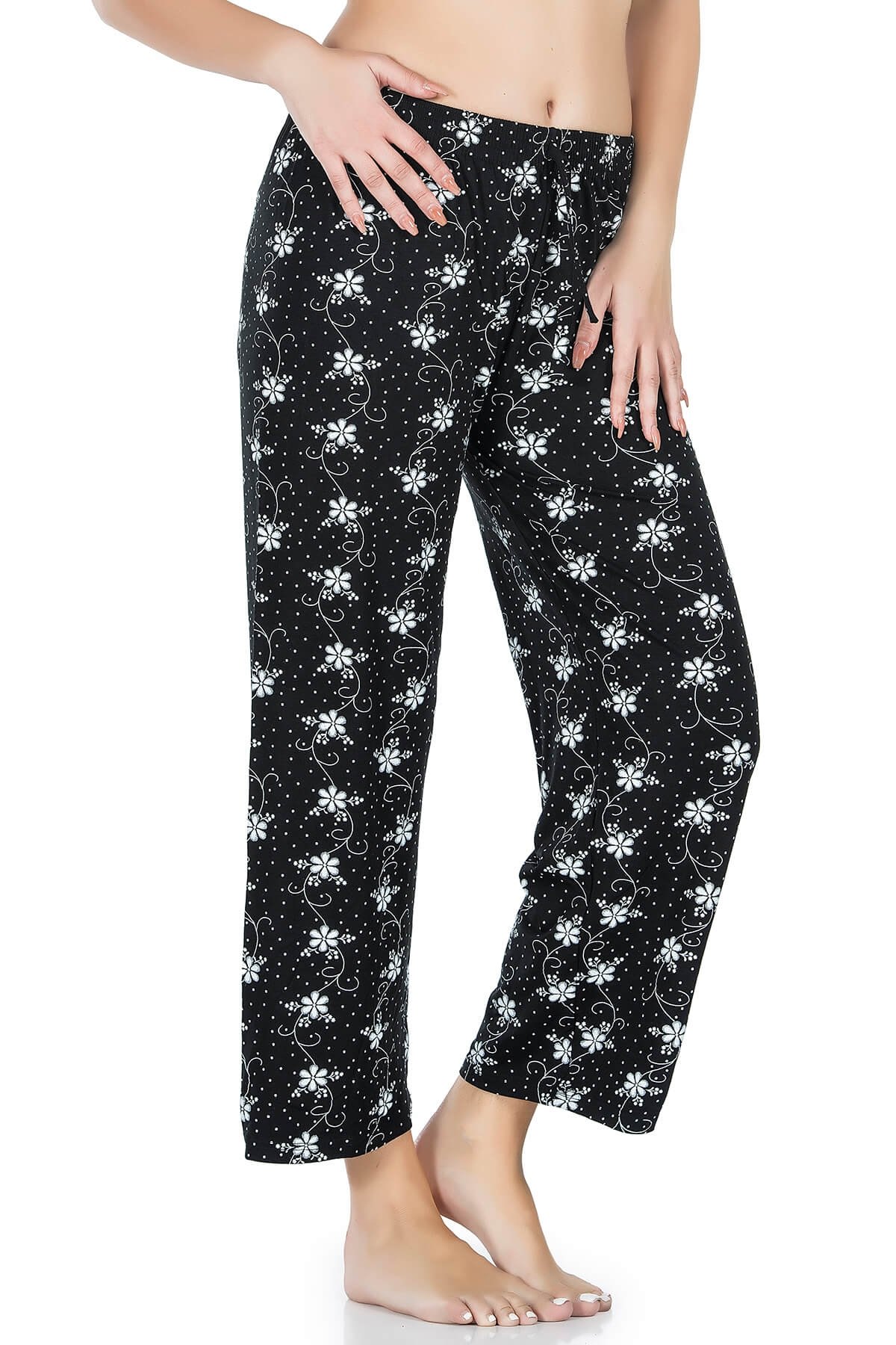 Desenli Geniş Paça Pantolon Hafif Kumaş Derya 025 - Siyah