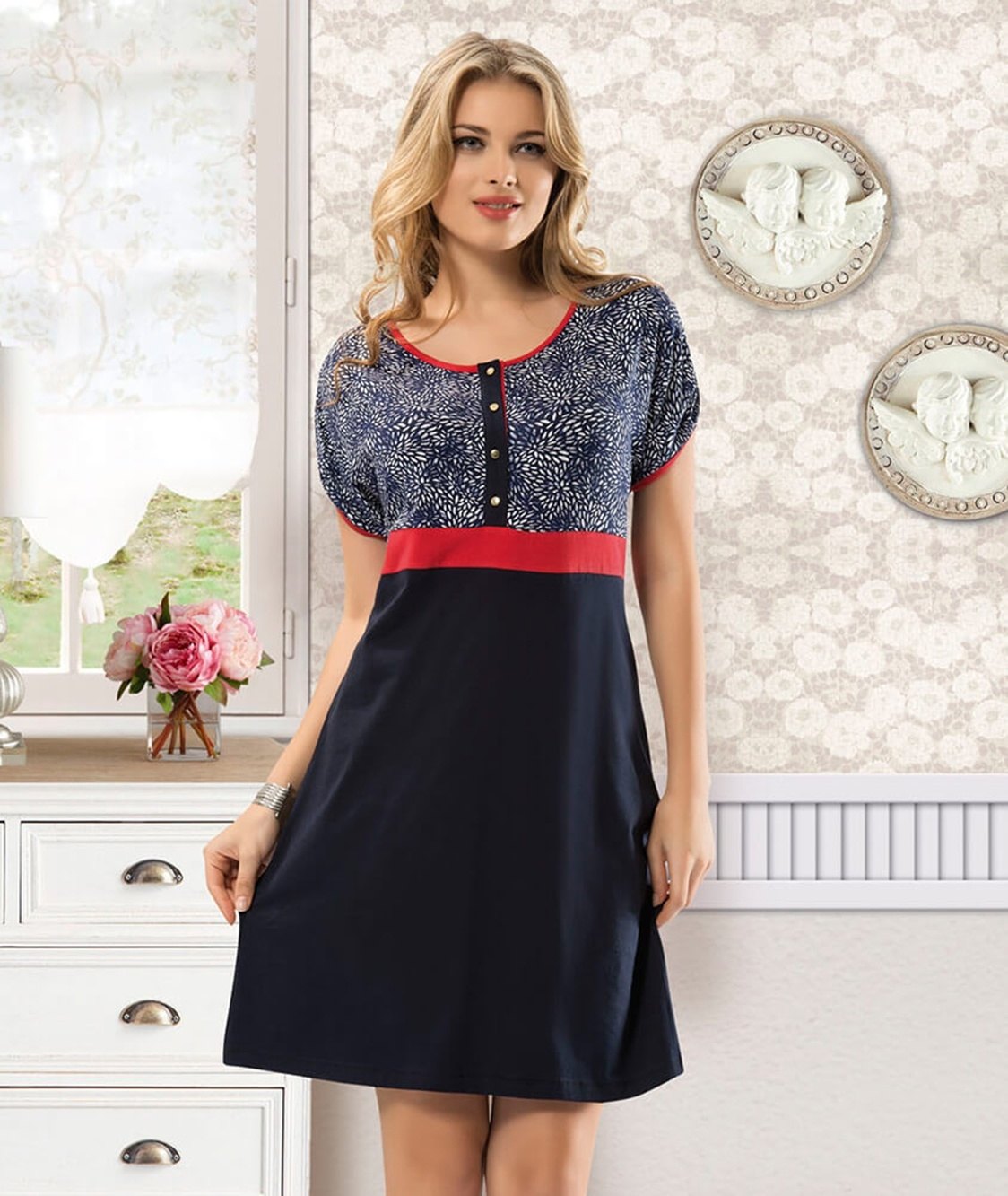 Nefes alan modal kumaş Düğmeli Kadın Tunik Derya 927 - Lacivert