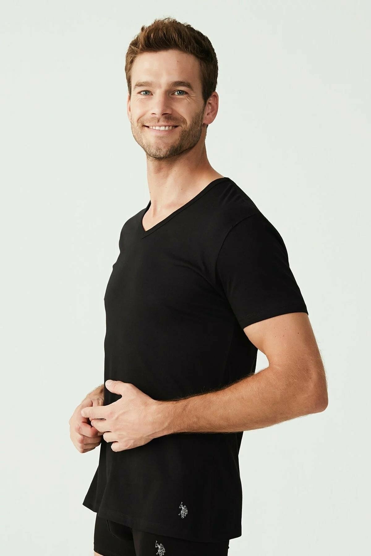 Pamuklu Esnek V Yaka Kısa Kollu Atlet Us. POLO Assn. 80199 - Siyah