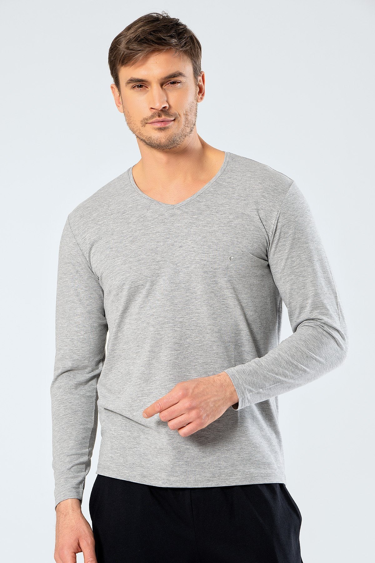 Pamuklu V Yaka Uzun Kollu T-Shirt Cacharel 1334 - Gri