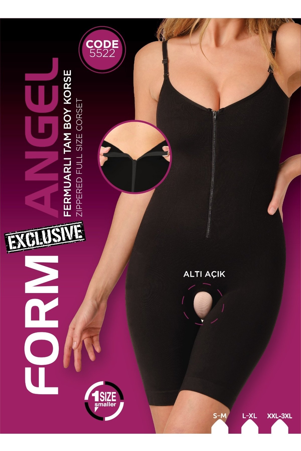 Fermuarlı Tam Boy Dikişsiz Korse Form Angel 5522 - Siyah