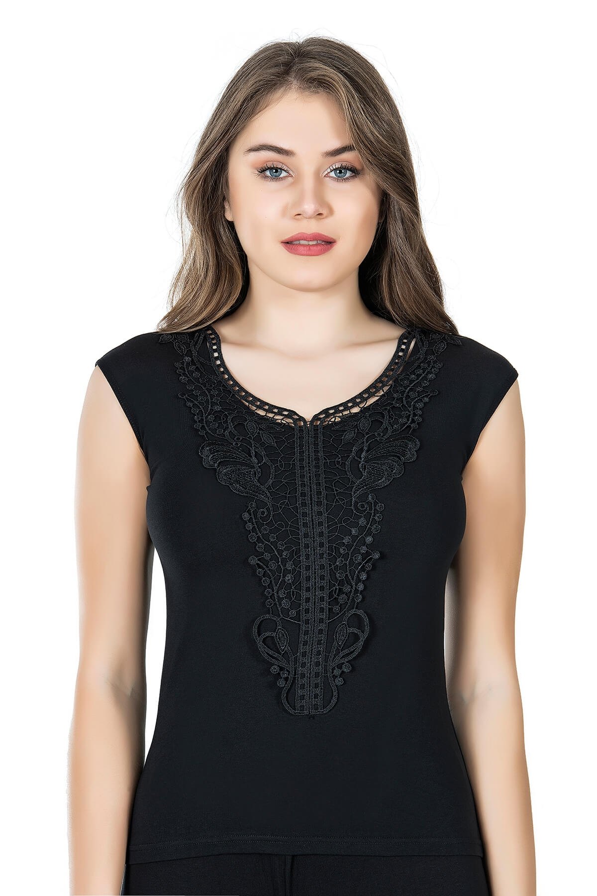 Geniş Askılı Güpürlü Kadın Body Derya Kurşun 154 - Siyah