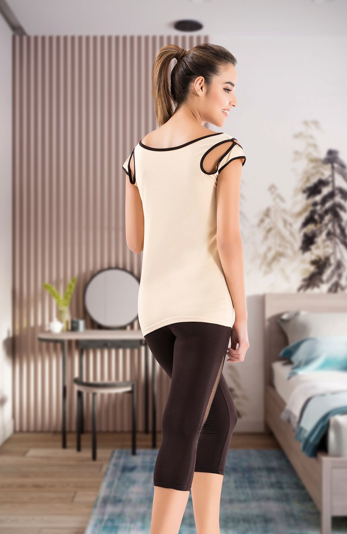 Geniş Yaka Kapri Pijama Takımı Kurşun Renk Derya 1502 - Kahverengi