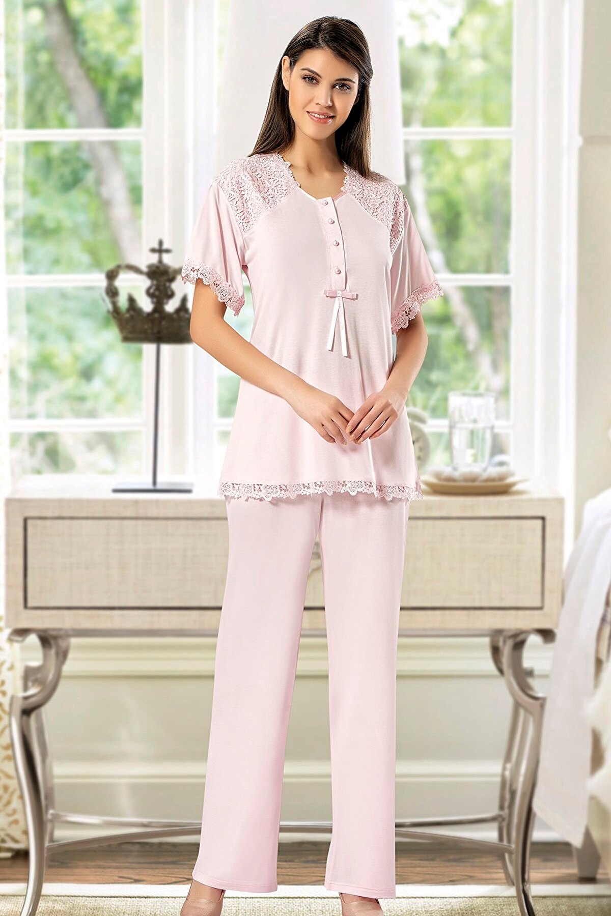 Yumuşak Dokulu Emzirme Açıklığına Sahip Hamile Pijama Takımı XSES 4200 - Pembe