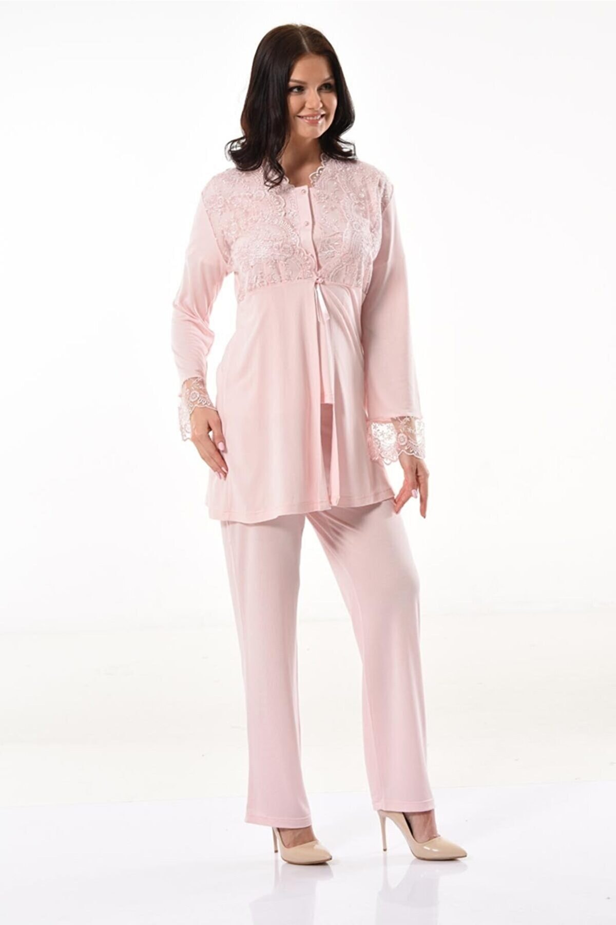 Esnek Bel ve Emzirme Açıklığı Hamile Pijama Takımı XSES 4300 - Pudra