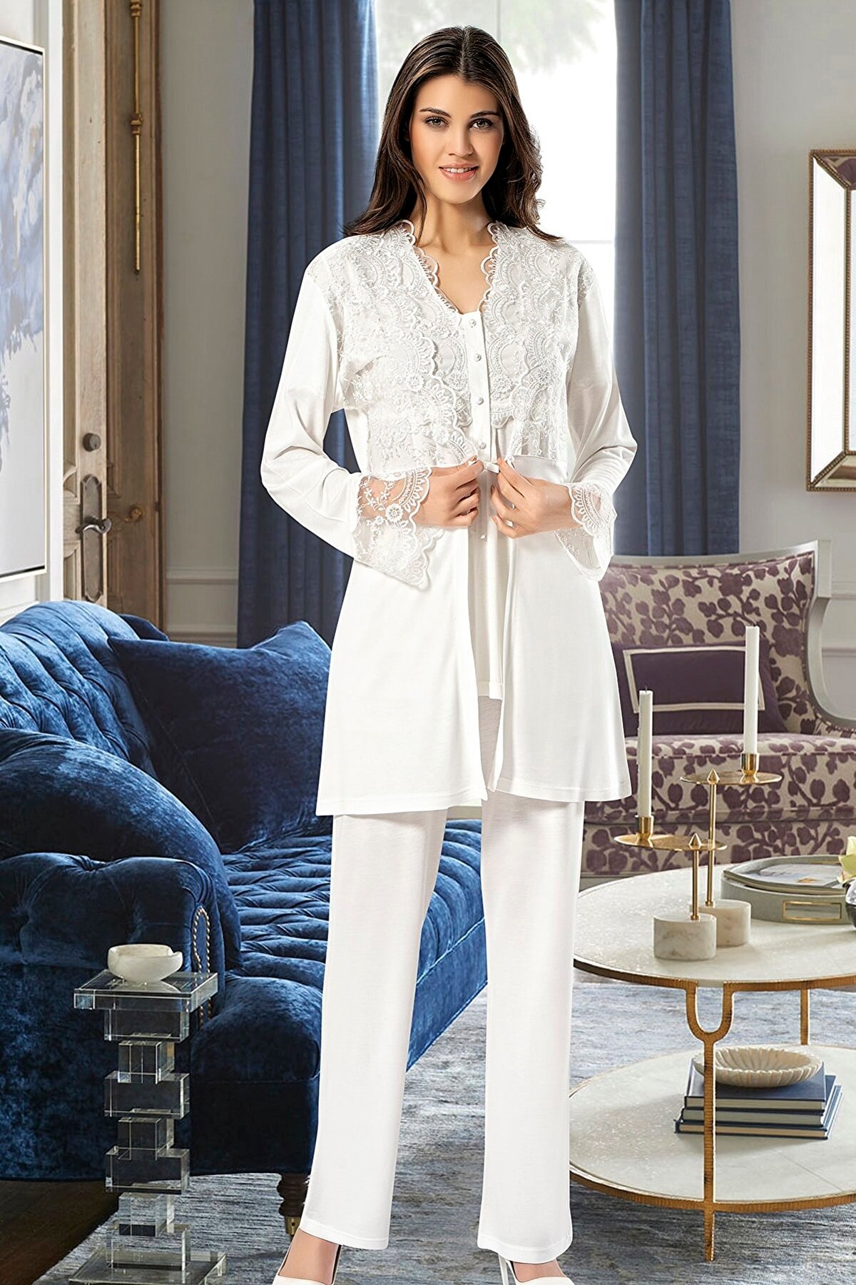 Esnek Bel ve Emzirme Açıklığı Hamile Pijama Takımı XSES 4300 - Ekru