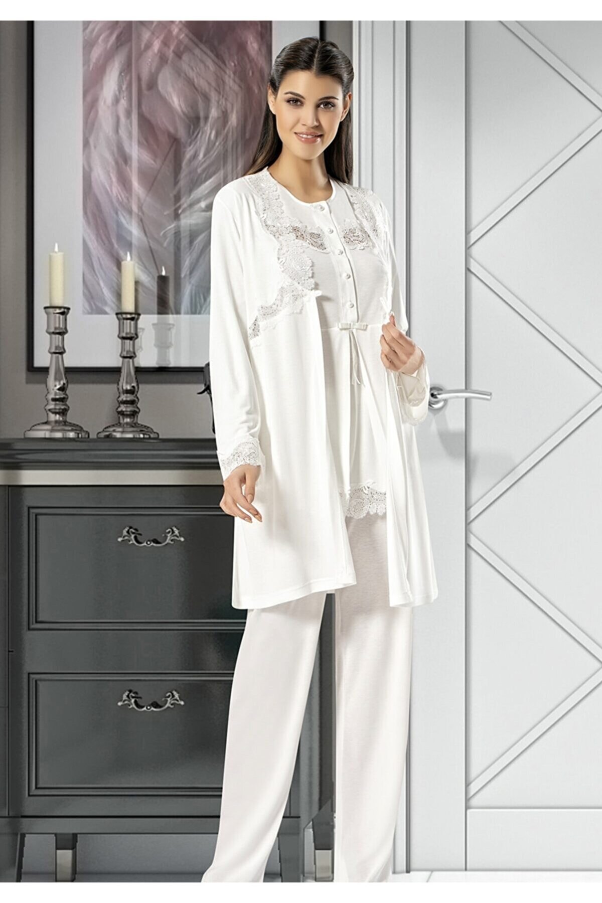 Esnek Bel Bandı Emzirme Açıklıklı Hamile Pijama Takımı XSES 4400 - Ekru