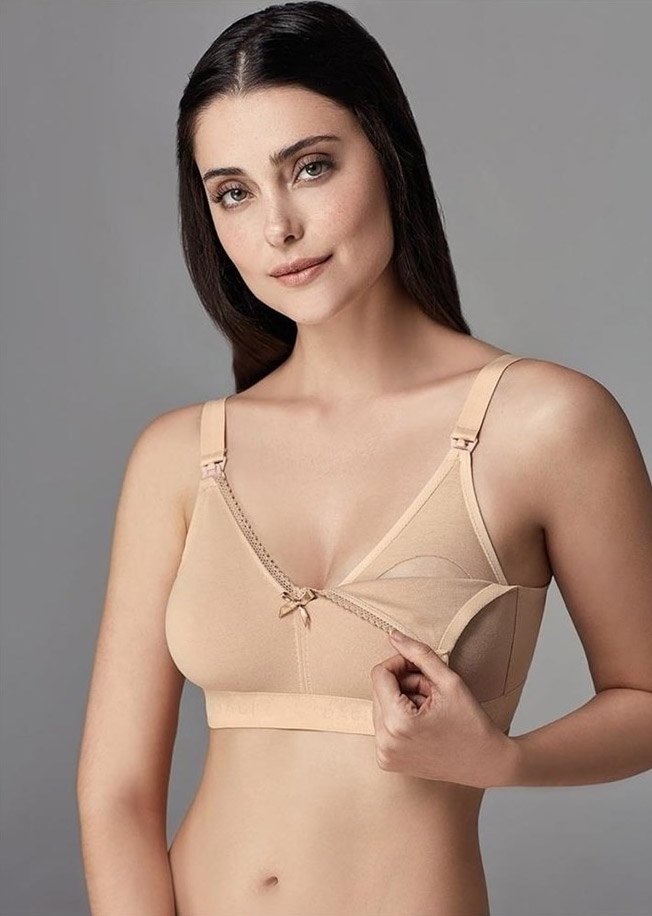 Pamuklu Astar ve Tek Elle Açılan Klips Emzirme Sütyeni Eros 500 - Ten