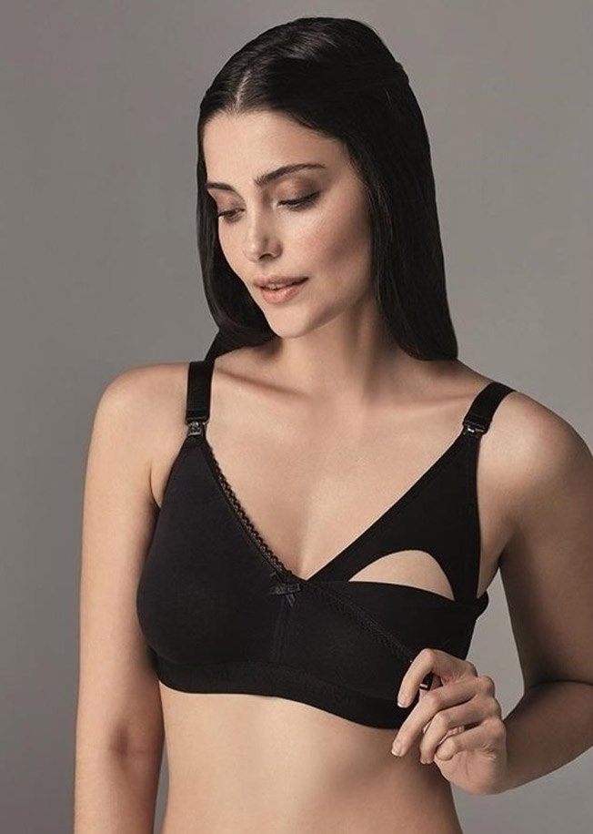 Pamuklu Astar ve Tek Elle Açılan Klips Emzirme Sütyeni Eros 500 - Siyah