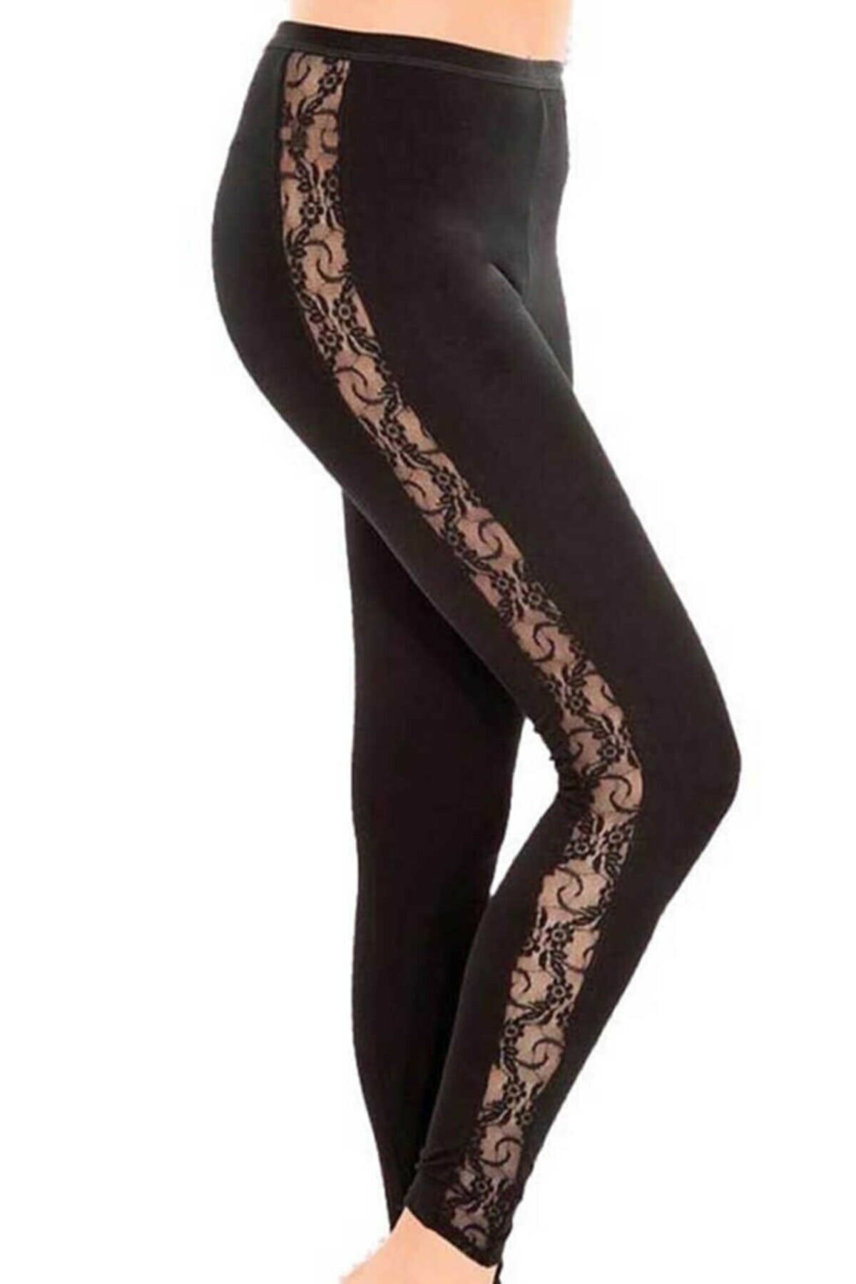 Yüksek Bel Renkli Kenarı Desenli Likralı Tayt İMER 4359 - Siyah