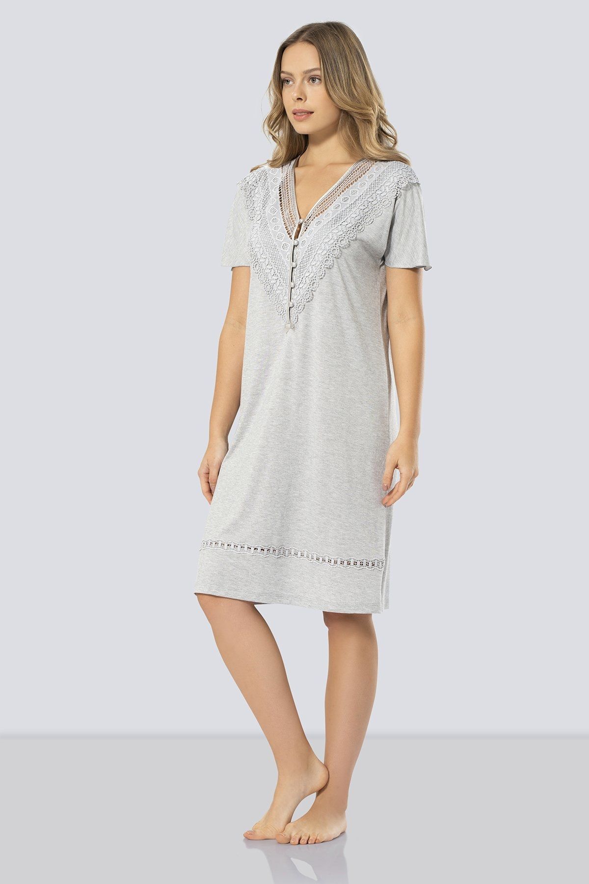 Gri V Yaka Kadın Gecelik Yumuşak Kumaş Türen 3282 - Gri